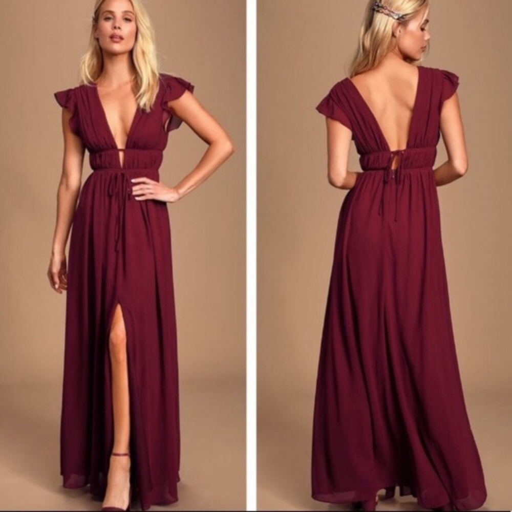 Lulus I’m All Yours Burgundy Ruffled Maxi Dress Chiffon Short Sleeves XS